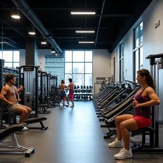 Modern gym equipment area with members training