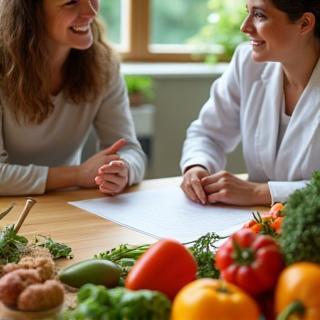 Nutritionist counseling a member with healthy foods