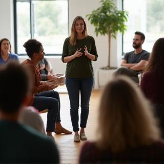 Wellness workshop with professional speaking to engaged attendees